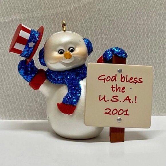 Source Unknown Other - Vintage Christmas Ornament Patriotic Frosty Snowman God Bless USA Hallmark 1999